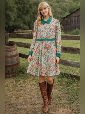 ModCloth Floral Button Front Shirt Dress XL Vintage Cottagecore Green Collar